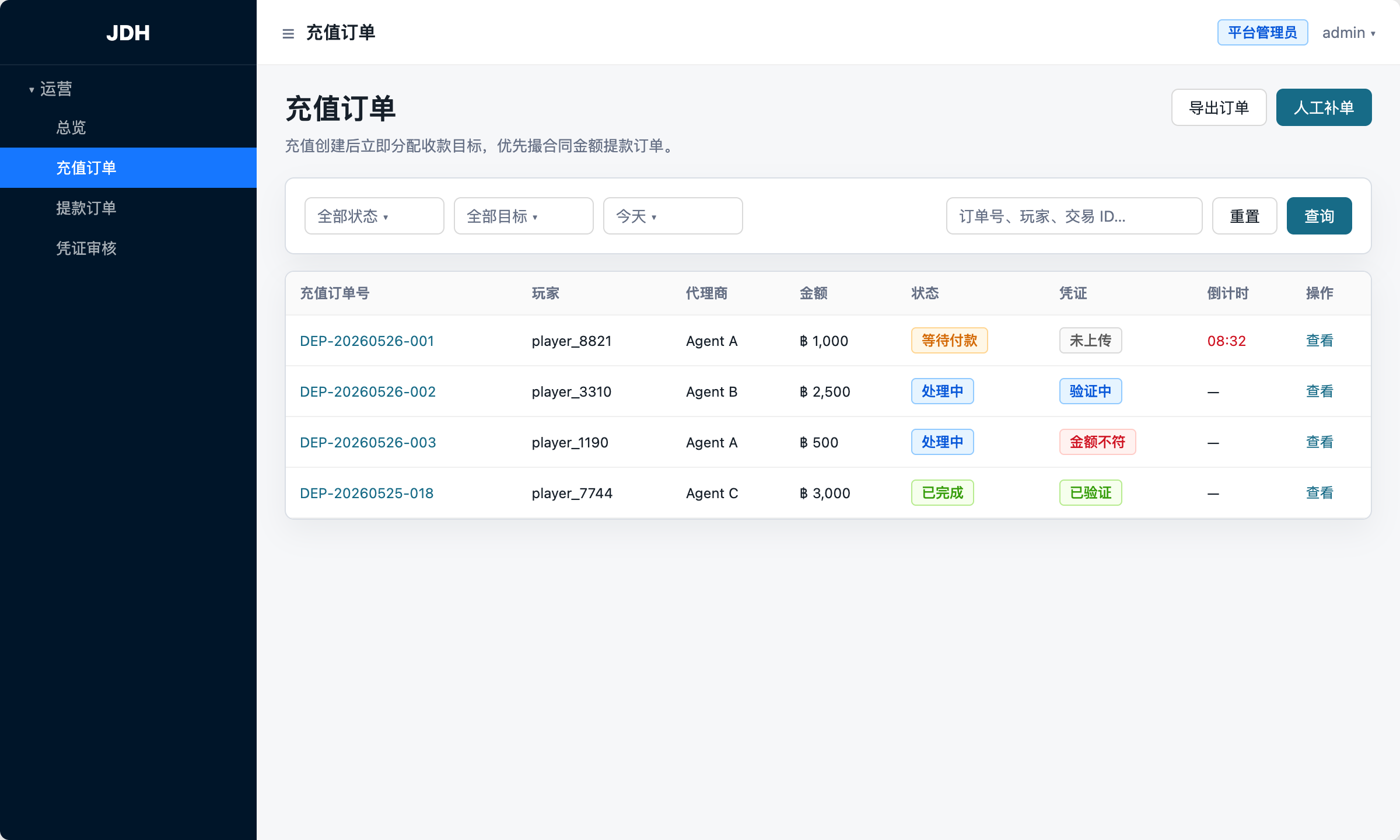 充值订单列表页