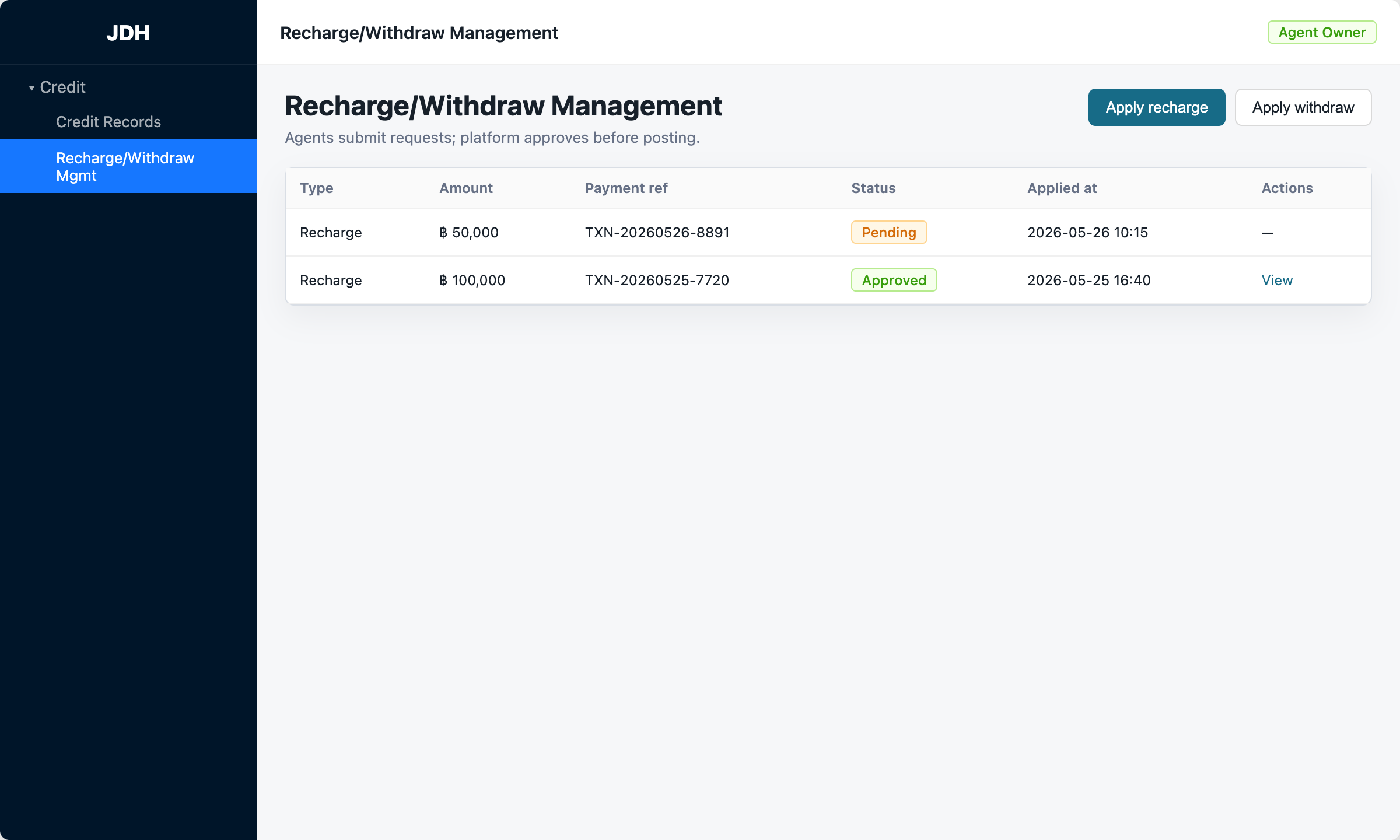 Recharge/Withdraw Management page