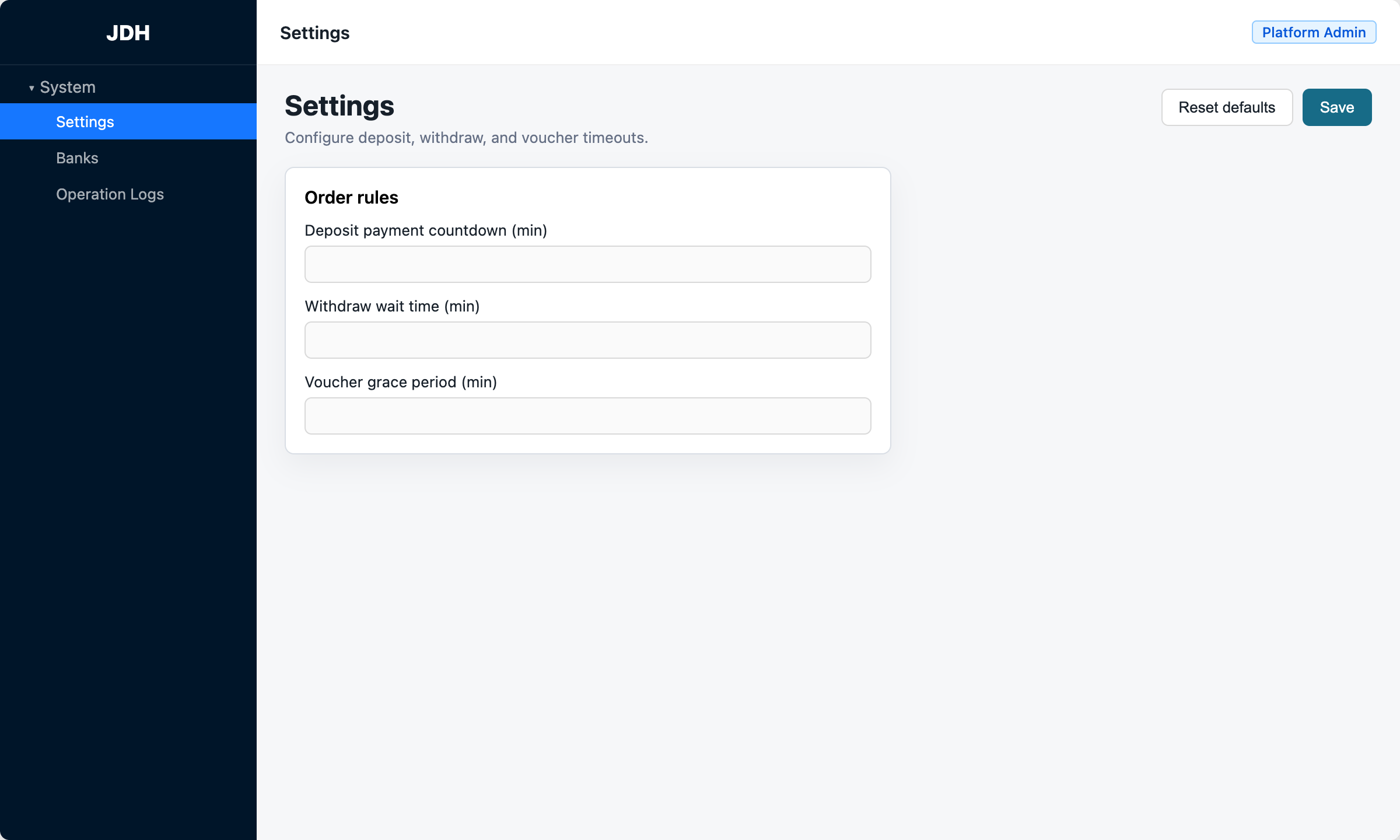 Settings page